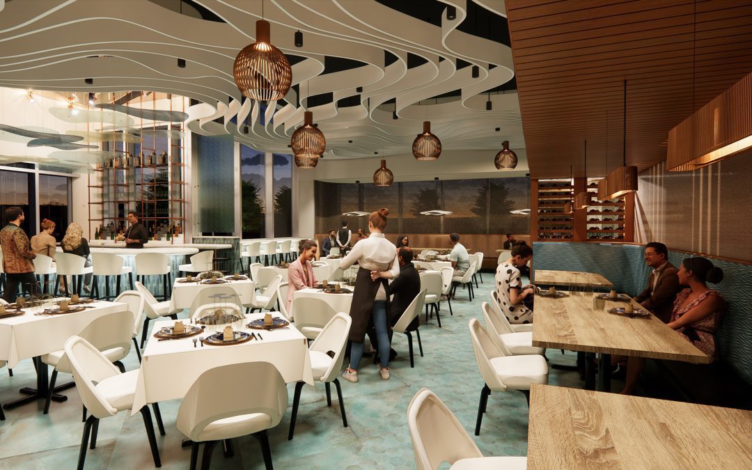 A rendering of people eating in new seafood restaurant Halls Catch. Small groups of people are seated at a bar, at tables with white tablecloths, and in booths.