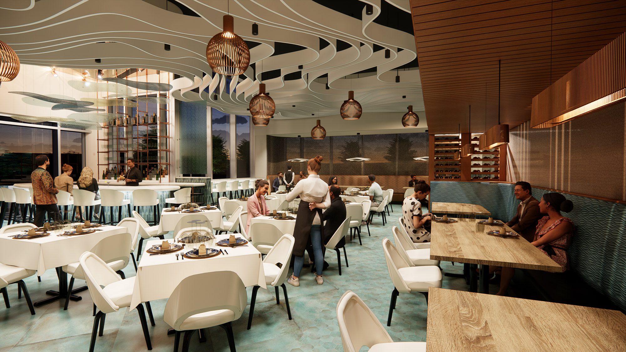 A rendering of people eating in new seafood restaurant Halls Catch. Small groups of people are seated at a bar, at tables with white tablecloths, and in booths.