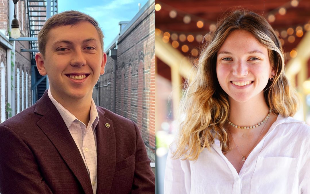 A composite image of Mitchell Stevens and Sam Lowrie, each standing outside near a brick building and smiling