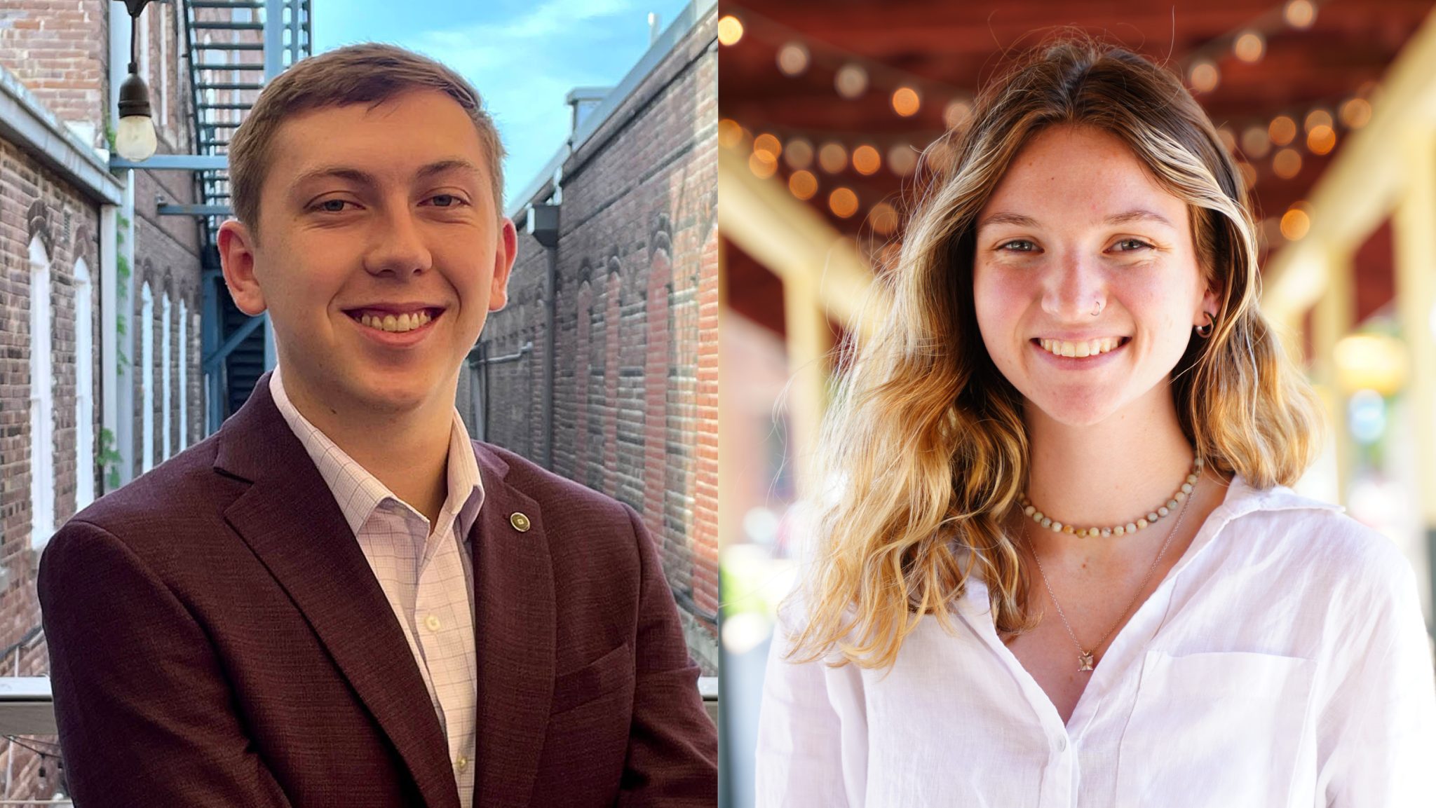 A composite image of Mitchell Stevens and Sam Lowrie, each standing outside near a brick building and smiling